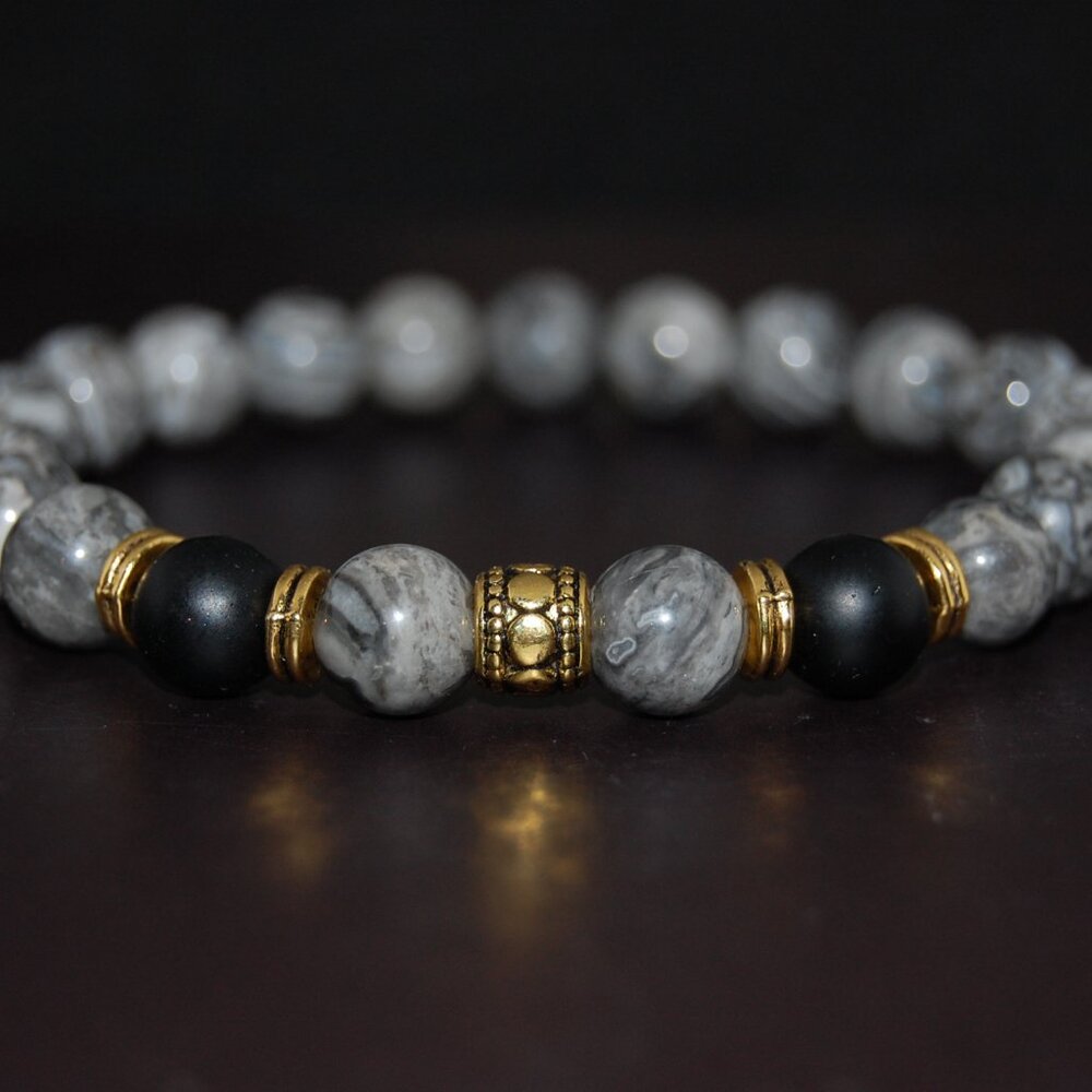 Gray Jasper Bracelet,Gray Jasper and Onyx Stone Beads,Gray and Black Bracelet